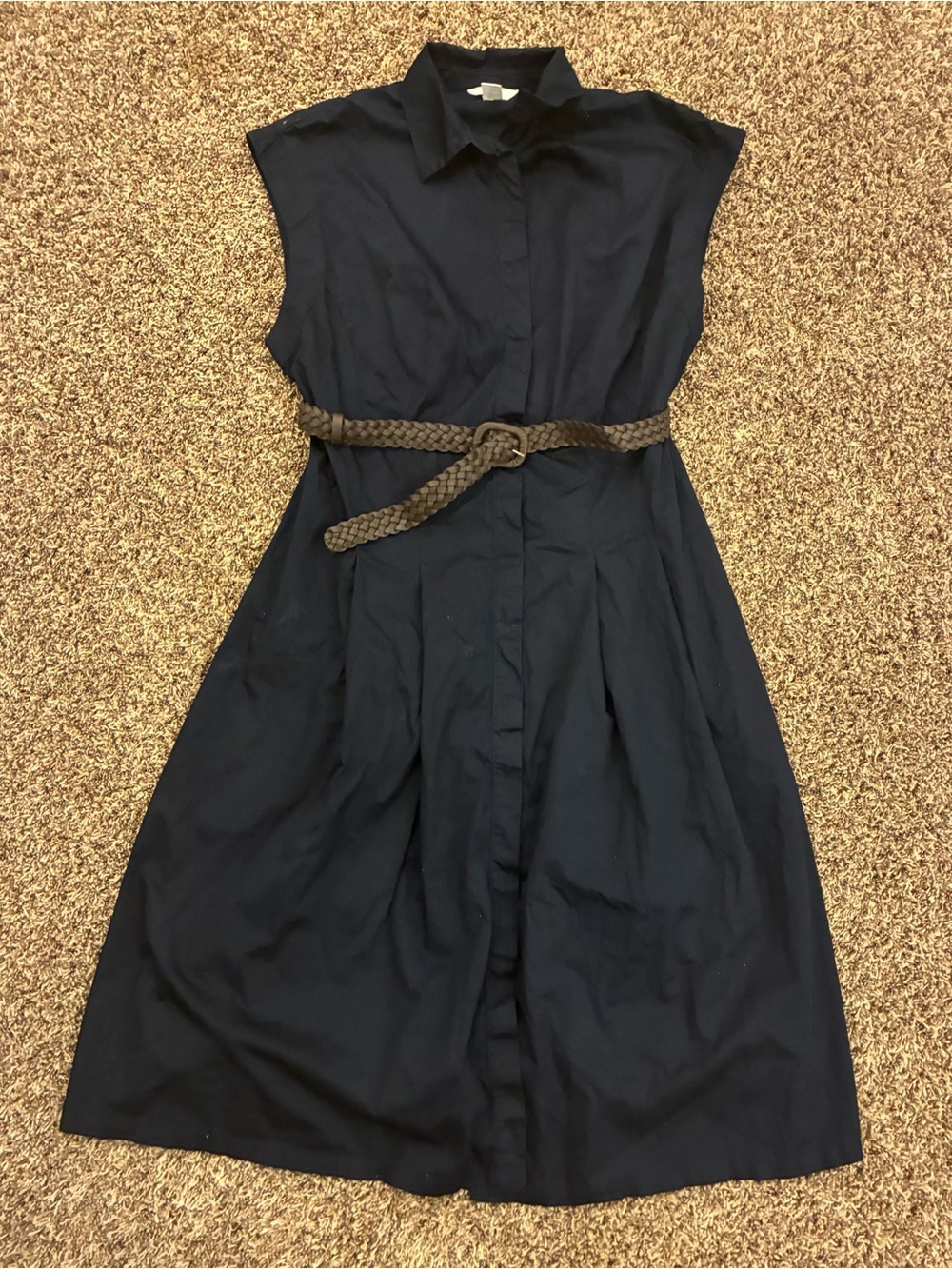 H&M Navy Sleeveless Shirt Dress with Braided Brown Belt